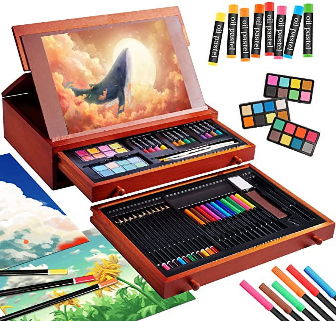 146 Piece Deluxe Art Set with Easel, Wooden Art Box with 2 Drawing Pad,  Drawing Kit with Crayon,Oil Pastel,Colored Pencil,Watercolors Cake,  Creative