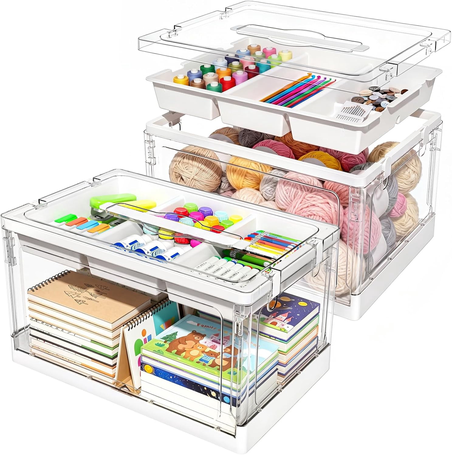 Art Supply Organizer and Storage, Clear Craft Organizers and Storage with Trays – Craft Storage Box with Lid for Beads, Markers, Coloring Books, Sewing, Playdoh and Tools
