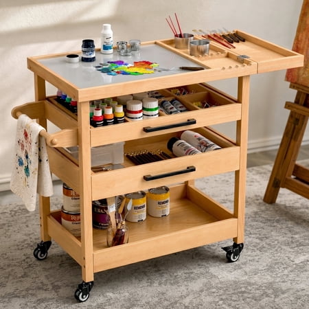 Art Cart, Beech Wood Art Supply Cart Organizer on Wheels with Tempered Glass Palette for Home Studio, Rolling Studio Storage Furniture for Artists