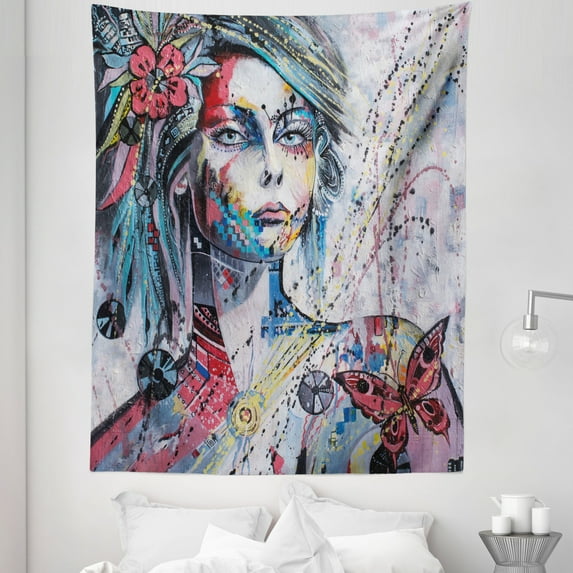 Art Tapestry, Fantasy Portrait of a Girl with Floral and Geometric Details Butterflies Color Splashes, Fabric Wall Hanging Decor for Bedroom Living Room Dorm, 5 Sizes, Multicolor, by Ambesonne