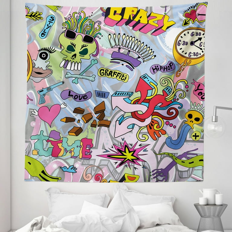 Art Tapestry Hip Hop Inspired Colorful Graffiti Doodle Crazy Love Time Cool Skull Street Art Print Fabric Wall Hanging Decor for Bedroom Living Room Dorm 5 Sizes Multicolor by Ambesonne Walmart
