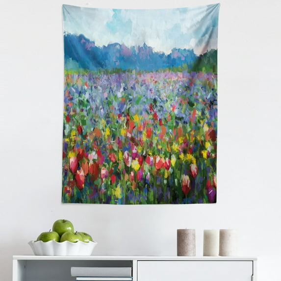 Art Tapestry, Rural Landscape with Bunch of Tulip Flower Spring Meadow Refreshing Botany Blurry Image, Fabric Wall Hanging Decor for Bedroom Living Room Dorm, 5 Sizes, Multicolor, by Ambesonne