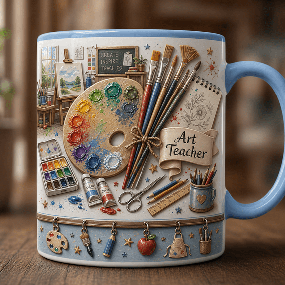 Art Teacher Ceramic Coffee Mugs with Paint Palette & Brush Set Design, Creative Teacher Gift 11 oz 15 oz
