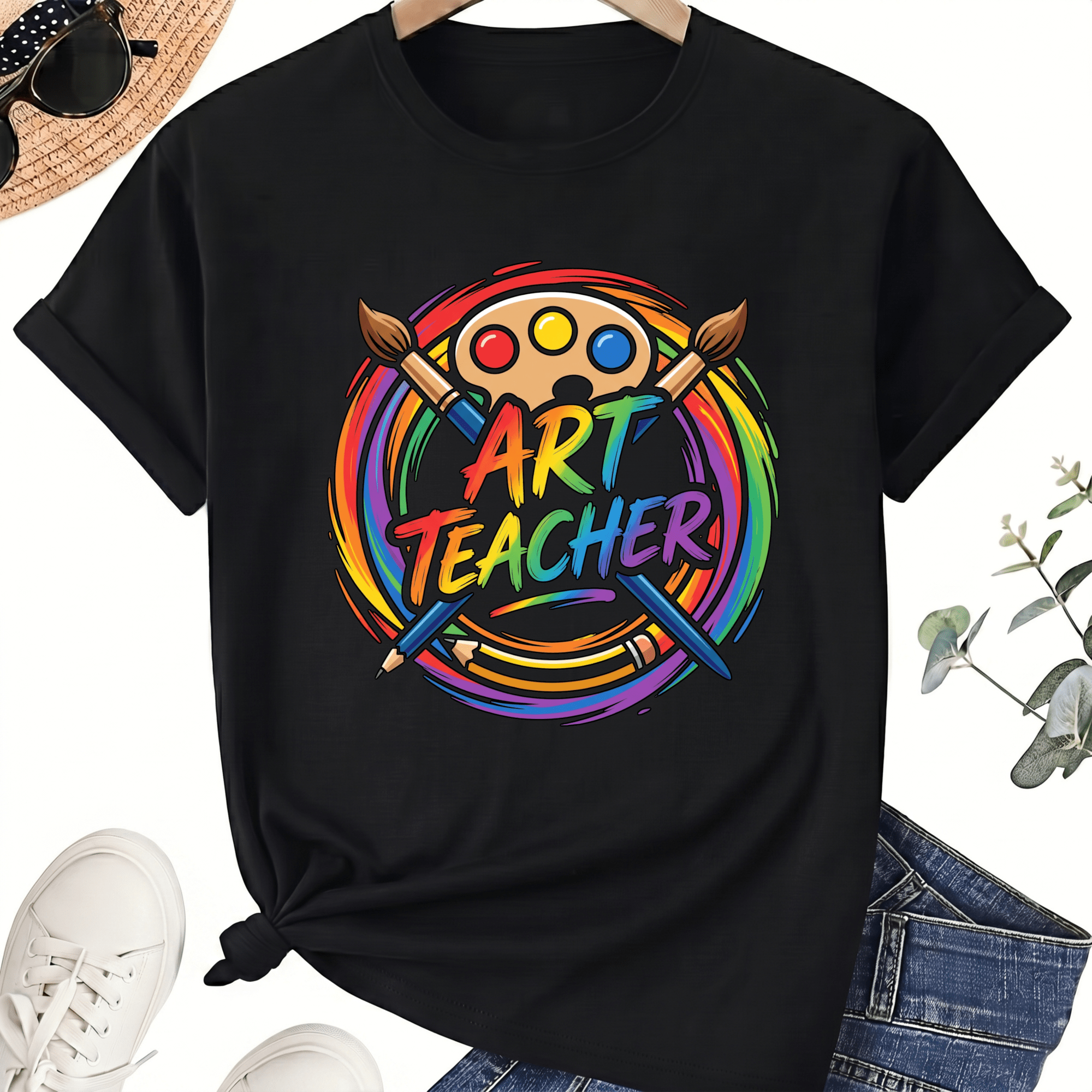 Art Teacher T-Shirt for Women, 100% Cotton Crew Neck Short Sleeve Shirt, Colorful Paint Palette Graphic