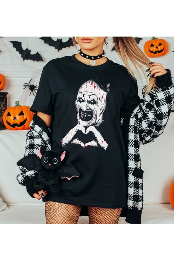 Art The Clown Terrifier T-Shirt, Scary Horror Clown Shirt, Creepy Heart Hands Tee, Spooky Slasher Fan, Halloween Horror Movie,Black Color,Size L