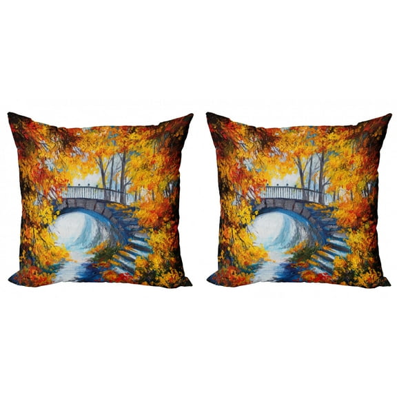 Ambesonne Art Throw Pillow Cover 2 Pack, Autumn Forest with Bridge, 18", Marigold Vermilion Blue
