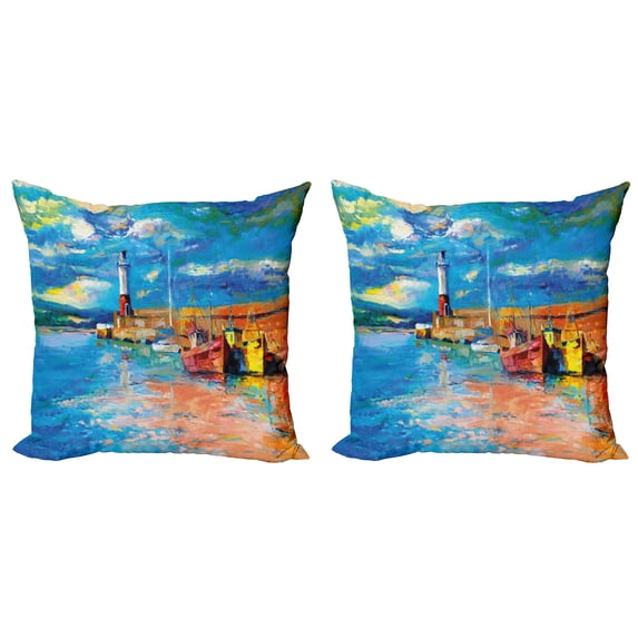 Ambesonne Art Throw Pillow Cover 2 Pack, Oil Painting Lighthouse, 18", Multicolor