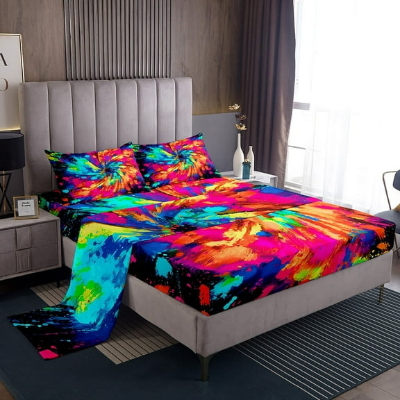 Art Tie Dye Bed Sheets Set Queen Size,Colorful Graffiti Spiral Sheet Set Teens Adults,Hippie Neon Geometry Flat Fitted Sheet,Abstract Art Sheets 3 pcs Luxury Soft