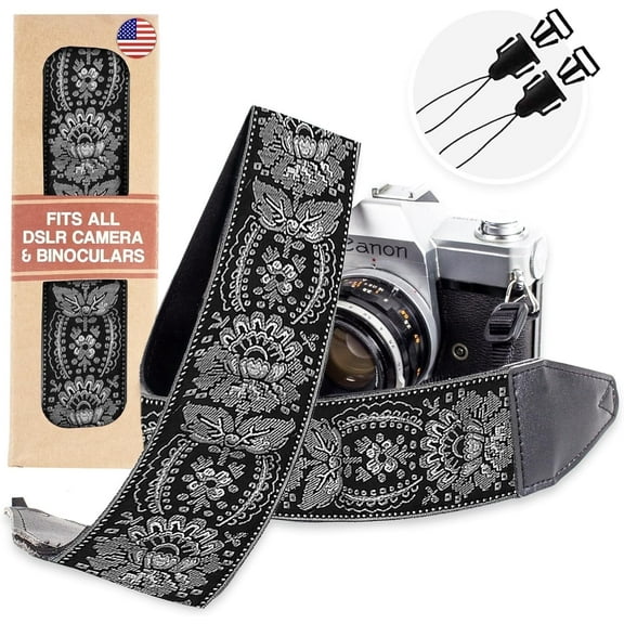 Art Tribute Adjustable Camera Strap for DSLR and Mirrorless Cameras, Black Silver Woven