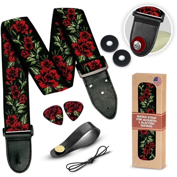 Art Tribute Adjustable Guitar Strap with Pick Pocket 2 Strap Locks and 2 Picks for Electric, Bass and Acoustic Guitars - Roses