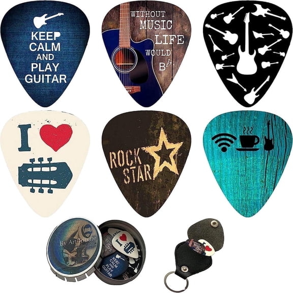 Art Tribute Guitar Picks Kit – 12-Pack Durable Celluloid Picks with Tin Box & Keychain Holder, Medium Gauge, Assorted Cool Designs