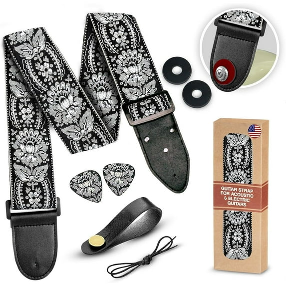 Art Tribute Adjustable Guitar Strap with Pick Pocket 2 Strap Locks and 2 Picks for Electric, Bass & Acoustic Guitars - Black Silver