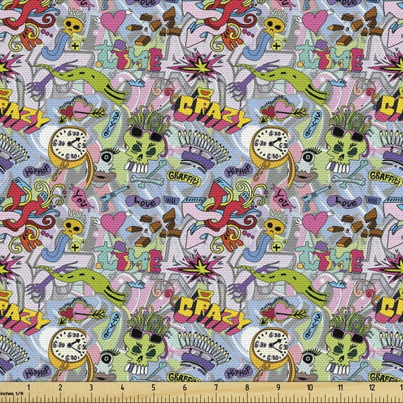 Ambesonne Art Fabric by the Yard Upholstery, Hip-Hop Graffiti Love, 2 Yards, Multicolor