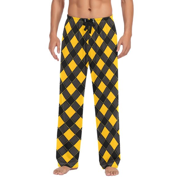 Art Yellow Checkered Grid Pattern Men's Pajama Pants Cotton Long Sleepwear Lounge Pants L