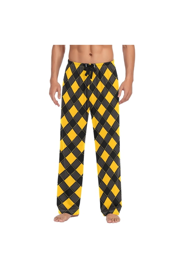 Art Yellow Checkered Grid Pattern Men's Pajama Pants Cotton Long Sleepwear Lounge Pants M