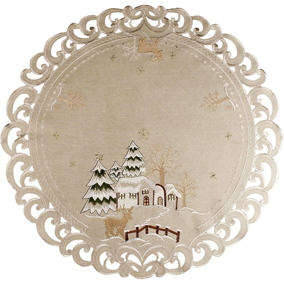 Art and Things Embroidered Beige Christmas Winter Snow Scene Round Doily, Placemat, Small Table Topper (24 Inch Round)