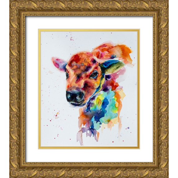 Art by Leslie Franklin 12x14 Gold Ornate Wood Framed with Double Matting Museum Art Print Titled - Bison Calf_1