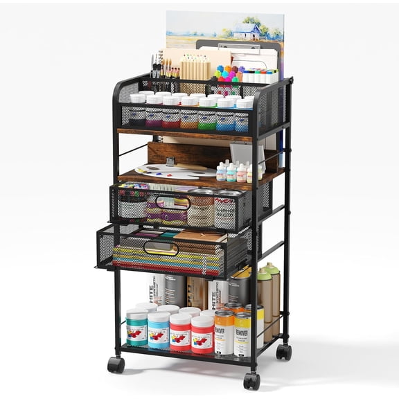 Art cart, 5 Tier Rolling Cart - Utility Cart with Storage Drawer and Wheels, Versatile Art & Craft Organizer for Home, Office, or Studio Ideal for Storing Brushes, Paints