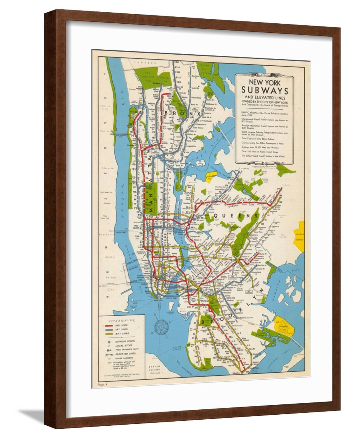 Frame Metro Map Art.com 1949, New York Subway Map, New York, United States Giclee Print ...