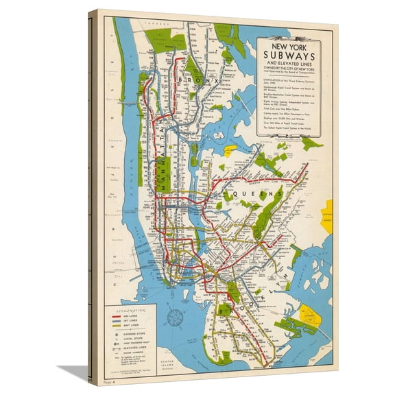 Art.com 1949, New York Subway Map, New York, United States Stretched Canvas Print Wall Art, 24" x 32"