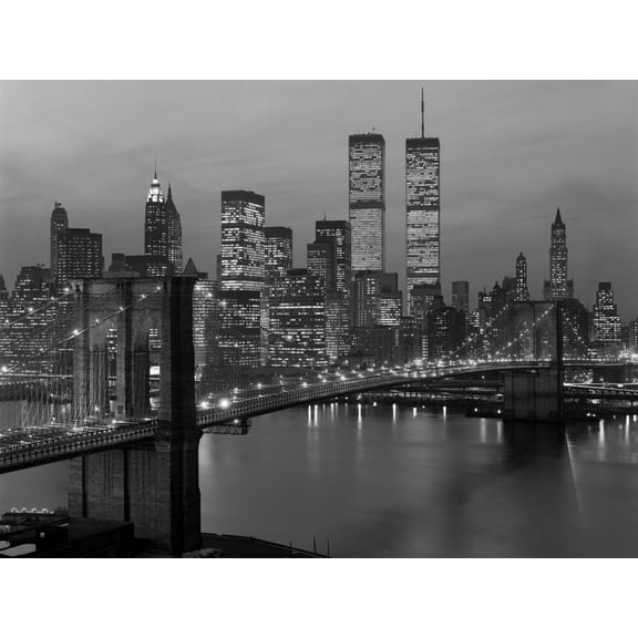 Art.com 1980s New York City Lower Manhattan Skyline Brooklyn Bridge World Trade Center Photographic Print, 16" x 12"