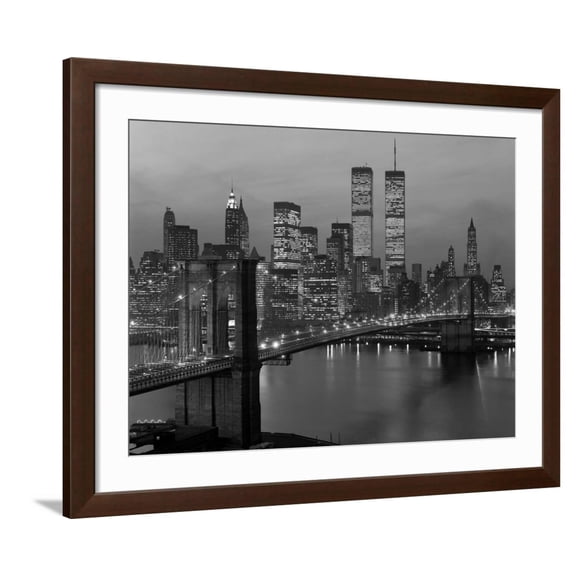 Art.com 1980s New York City Lower Manhattan Skyline Brooklyn Bridge World Trade Center Photographic Print, Brown Frame Wall Art, 40" x 32"