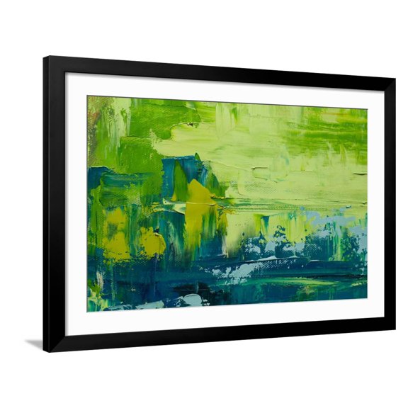 Art.com Abstract Art Background. Oil Painting on Canvas. Green and Yellow Texture. Fragment of Artwork. Spo Photographic Print by Sweet Art, Black Frame Wall Art, 44" x 32"