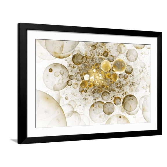 Art.com Abstract Chaotic Glittering Gold and Grey Bubbles. Fantasy Fractal Design. Digital Art. 3D Renderin Art Print by Klavdiya Krinichnaya, Black Frame Wall Art, 44" x 32"
