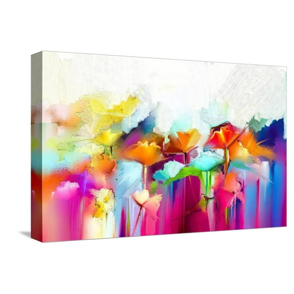 Art.com Abstract Colorful Oil Painting on Canvas. Semi- Abstract Image of Flowers, in Yellow and Red with B Stretched Canvas Print Wall Art by pluie_r, 18" x 12"