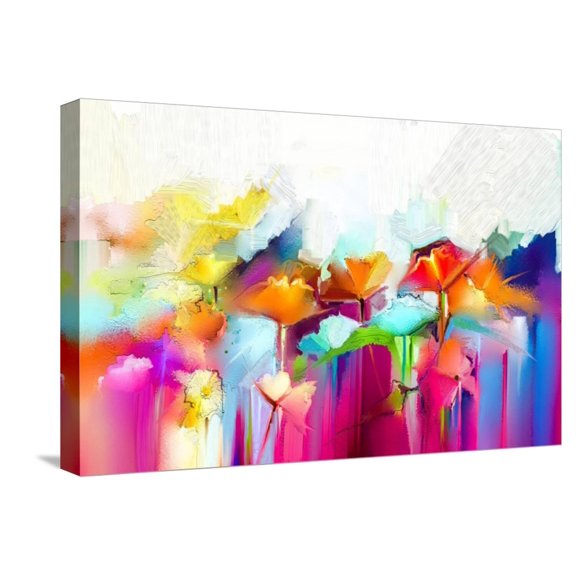 Art.com Abstract Colorful Oil Painting on Canvas. Semi- Abstract Image of Flowers, in Yellow and Red with B Stretched Canvas Print Wall Art by pluie_r, 24" x 16"