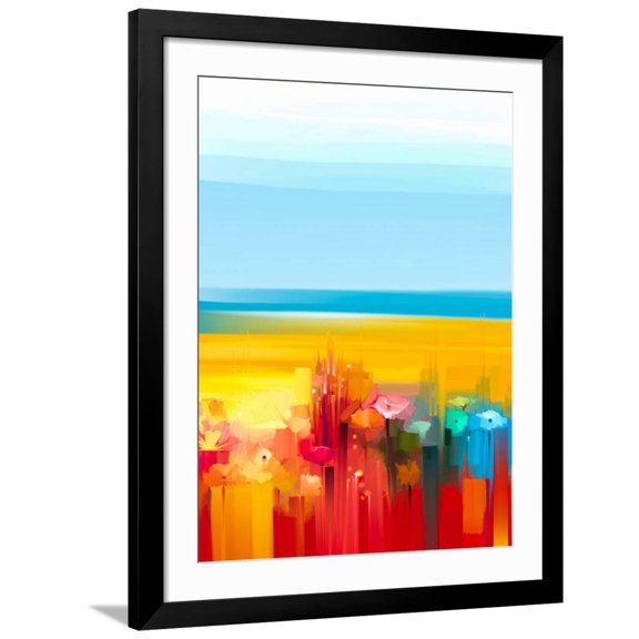 Art.com Abstract Colorful Oil Painting Landscape on Canvas. Semi- Abstract Image of Flowers, Meadow and Fie Art Print by pluie_r, Black Frame Wall Art, 32" x 40"