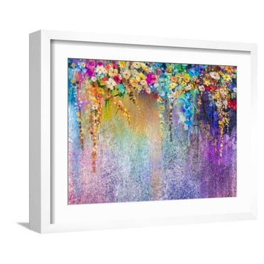 Art.com Abstract Floral Watercolor Painting. Hand Painted White, Yellow and Red Flowers in Soft Color. Blue Art Print by pluie_r, White Frame Wall Art, 21" x 17"