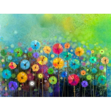Art.com Abstract Floral Watercolor Painting. Hand Painted Yellow and Red Flowers in Soft Color on Green Col Art Print by pluie_r, 16" x 12"