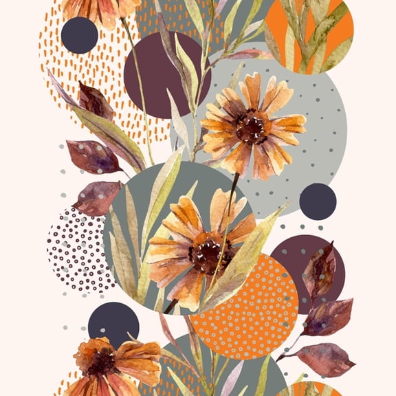 Art.com Abstract Floral and Geometric Seamless Pattern. Watercolor Flowers and Leaves, Circle Shapes Filled Art Print, 24" x 24"