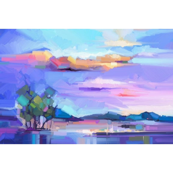 Art.com Abstract Oil Painting Landscape Background. Colorful Yellow and Purple Sky. Oil Painting Outdoor La Art Print by pluie_r, 18" x 12"