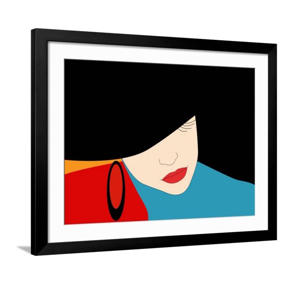 Art.com Abstract Vector Pattern of a Beautiful Girl in a Black Hat, Blue Dress, Red Lipstick. Beauty and Fa Art Print by Viktoriya Panasenko, Black Frame Wall Art, 40" x 32"