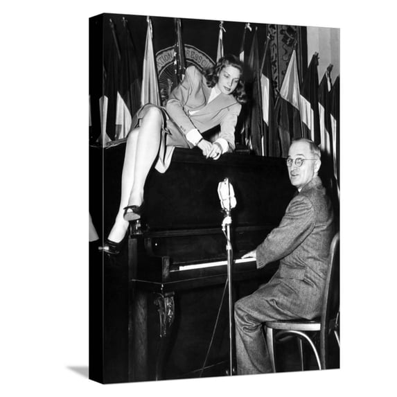 Art.com Actress Lauren Bacall Sits Atop the Piano While Vice President Harry Truman Plays Stretched Canvas Print Wall Art, 12" x 16"