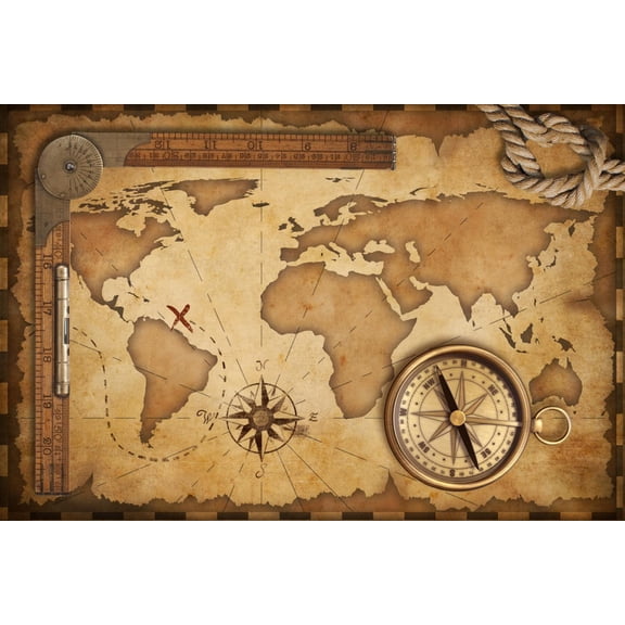 Art.com Aged Treasure Map, Ruler, Rope And Old Brass Compass Still Life Art Print by Andrey_Kuzmin, 24" x 16"