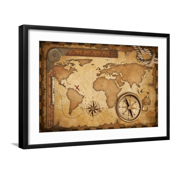 Art.com Aged Treasure Map, Ruler, Rope And Old Brass Compass Still Life Art Print by Andrey_Kuzmin, Black Frame Wall Art, 29" x 21"