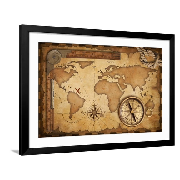 Art.com Aged Treasure Map, Ruler, Rope And Old Brass Compass Still Life Art Print by Andrey_Kuzmin, Black Frame Wall Art, 44" x 32"