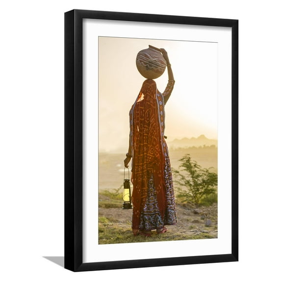 Art.com Ahir Woman in traditional colorful cloth carrying water, India Photographic Print by G&M Therin-Weise, Black Frame Wall Art, 17" x 23"