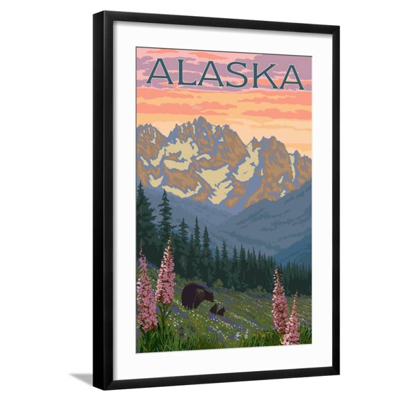 Art.com Alaska - Bear and Cubs Spring Flowers Art Print by Lantern Press, Black Frame Wall Art, 21" x 29"