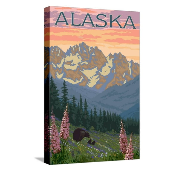 Art.com Alaska - Bear and Cubs Spring Flowers Stretched Canvas Print Wall Art by Lantern Press, 12" x 18"