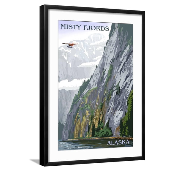 Art.com Alaska - Misty Fjords and Float Plane (#2) Art Print by Lantern Press, Black Frame Wall Art, 21" x 29"