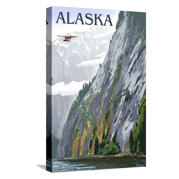 Art.com Alaska - Misty Fjords and Float Plane Stretched Canvas Print Wall Art by Lantern Press, 12" x 18"