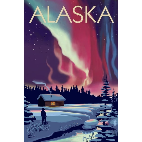 Art.com Alaska - Northern Lights and Cabin Art Print by Lantern Press, 12" x 18"