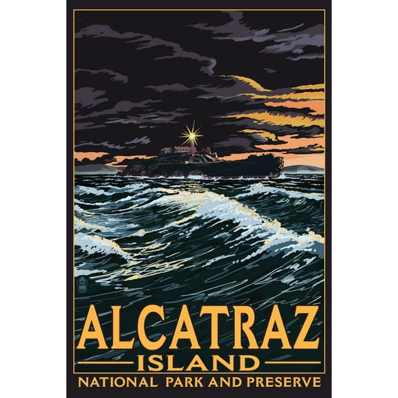 Art.com Alcatraz Island Night Scene - San Francisco, CA Art Print by Lantern Press, 12" x 18"