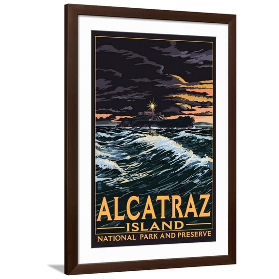 Art.com Alcatraz Island Night Scene - San Francisco, CA Art Print by Lantern Press, Brown Frame Wall Art, 32" x 44"