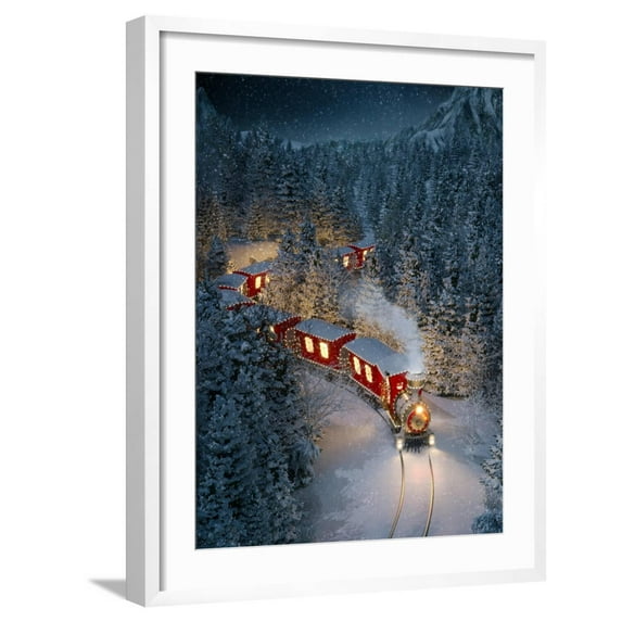 Art.com Amazing Cute Christmas Train Goes through Fantastic Winter Forest in North Pole. Unusual Christmas Art Print by Vadim Georgiev, White Frame Wall Art, 23" x 29"