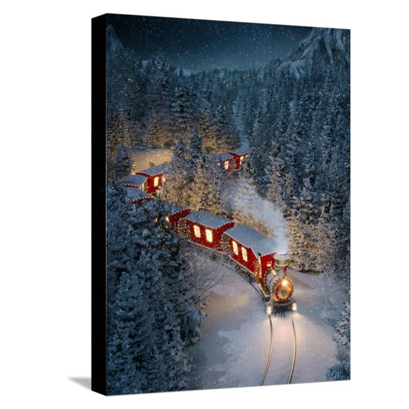 Art.com Amazing Cute Christmas Train Goes through Fantastic Winter Forest in North Pole. Unusual Christmas Stretched Canvas Print Wall Art by Vadim Georgiev, 12" x 16"